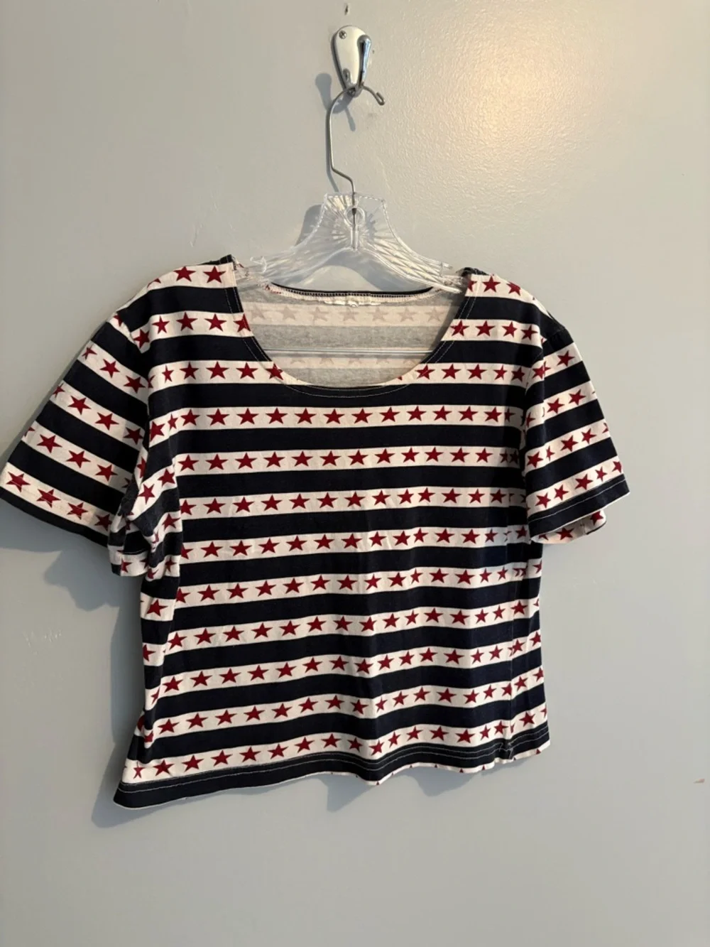 Vintage Americana Women’s Medium Cropped Short Sleeve Tee Striped Star Navy Red - Picture 5 of 15
